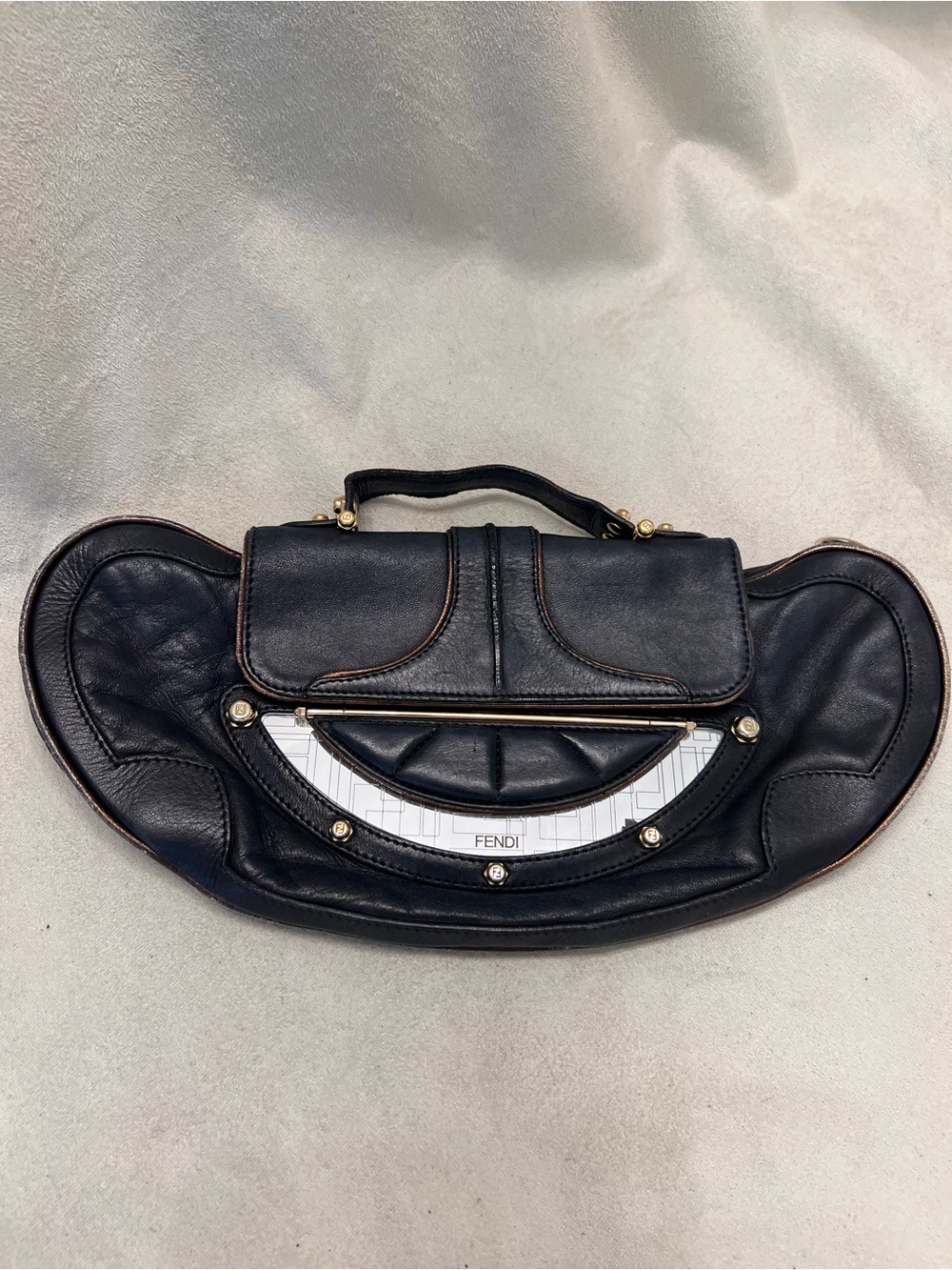 Fendi Vintage Zucca Vanity Mirror Clutch Black Leather